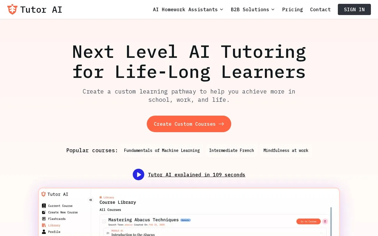 Screenshot of the Tutor AI homepage