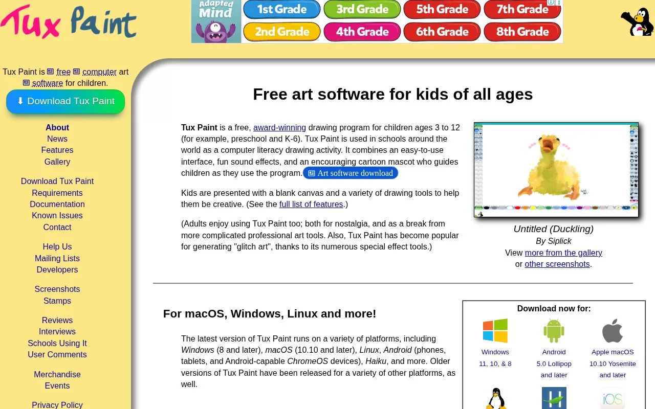 Screenshot of the Tux Paint homepage