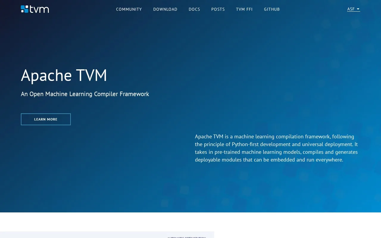 Screenshot of the Apache TVM homepage