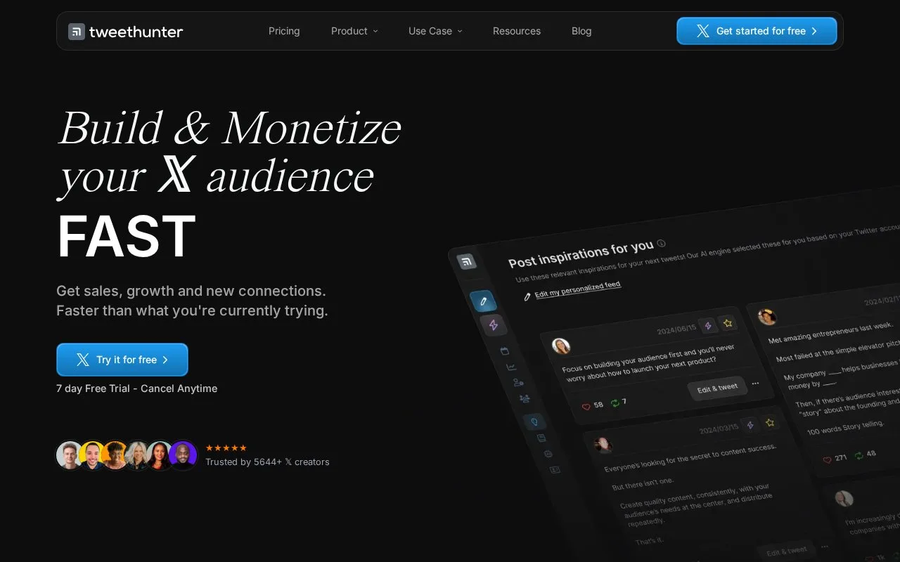 Screenshot of the Tweet Hunter homepage