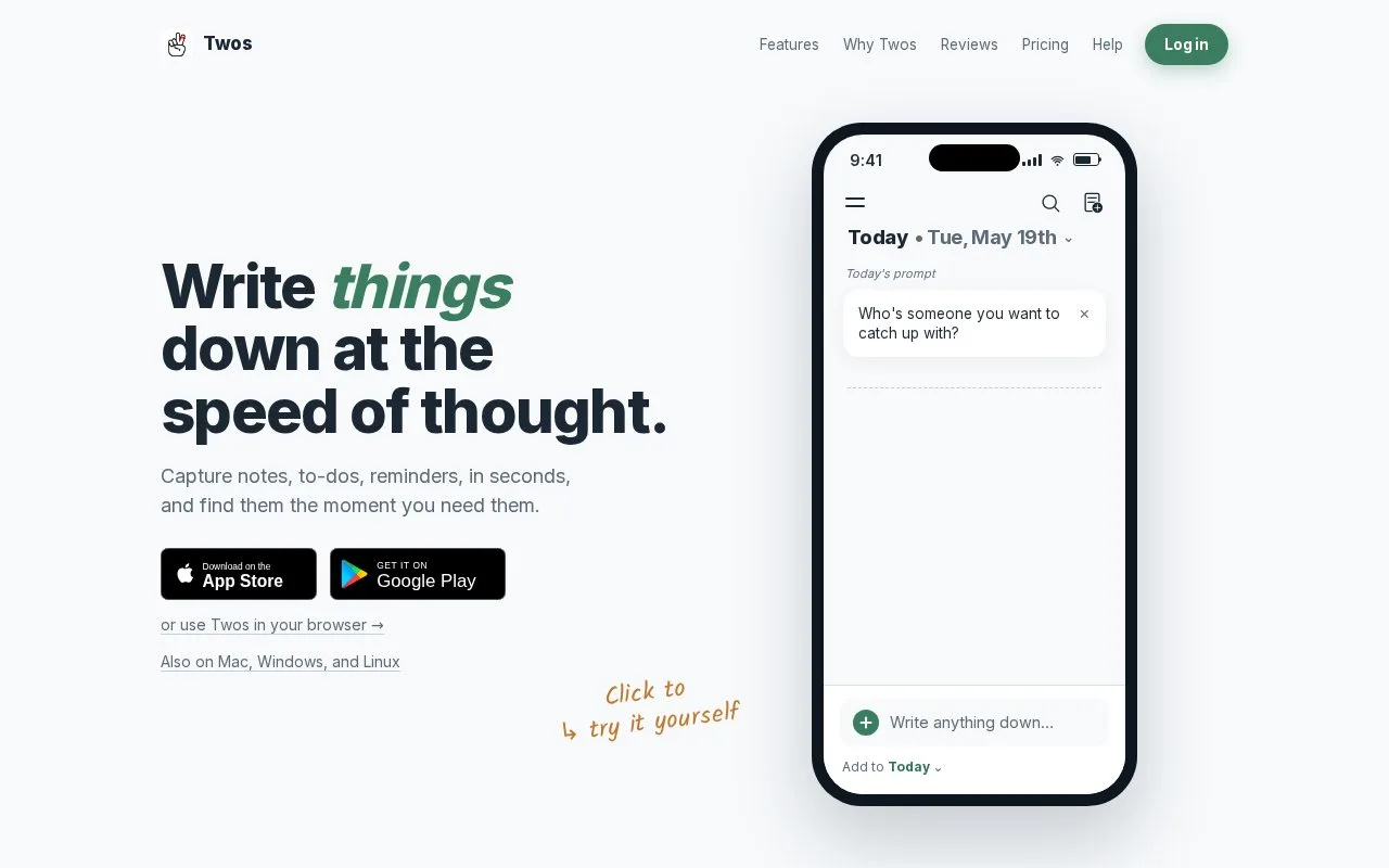 Screenshot of the Twos homepage