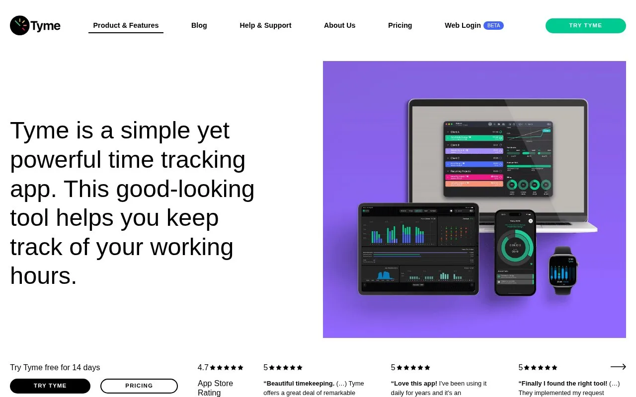 Screenshot of the Tyme homepage
