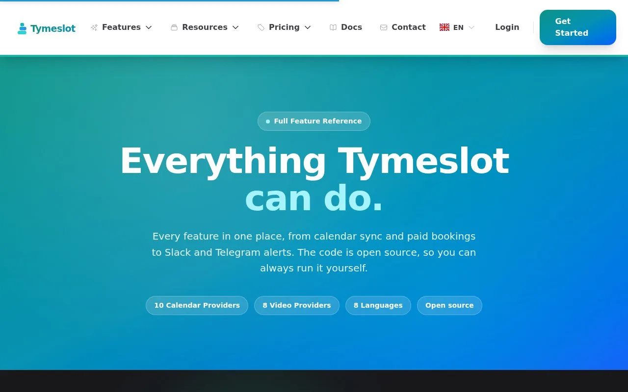 Screenshot of the Tymeslot homepage