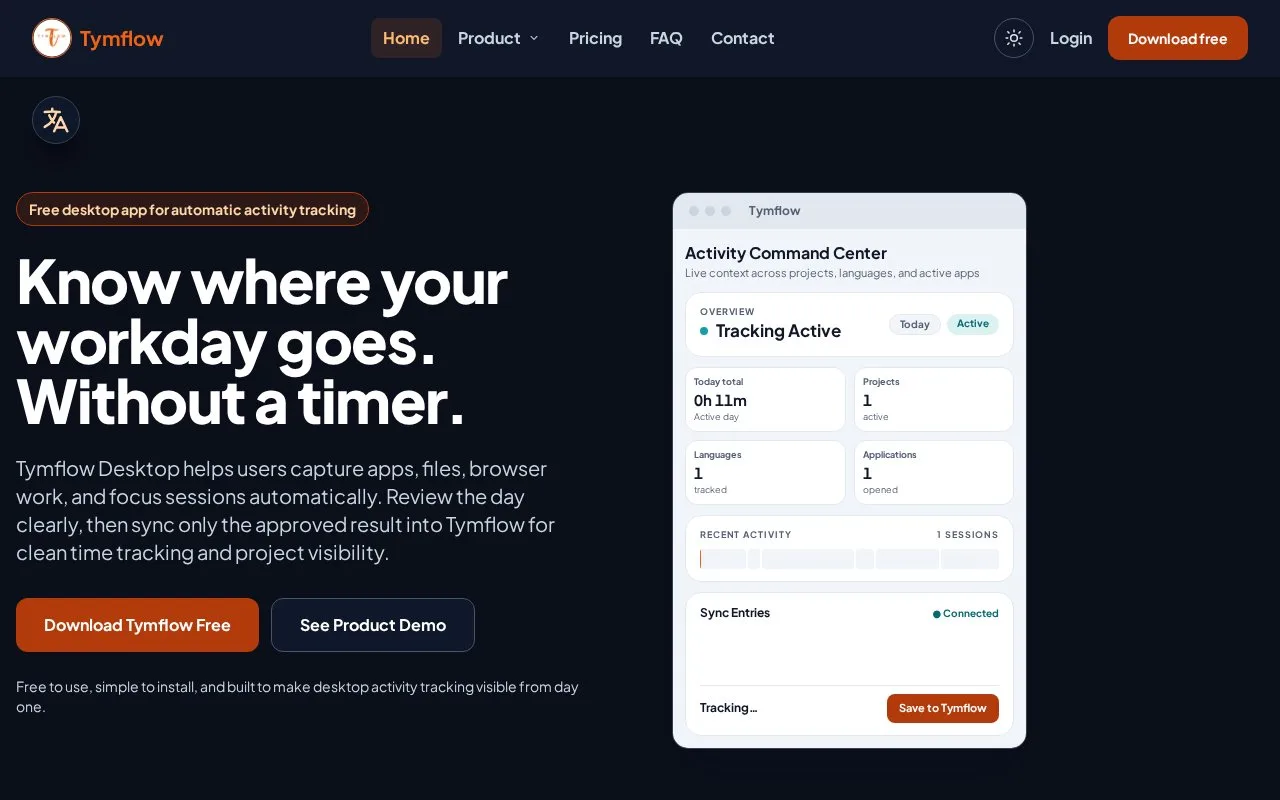 Screenshot of the Tymflow homepage