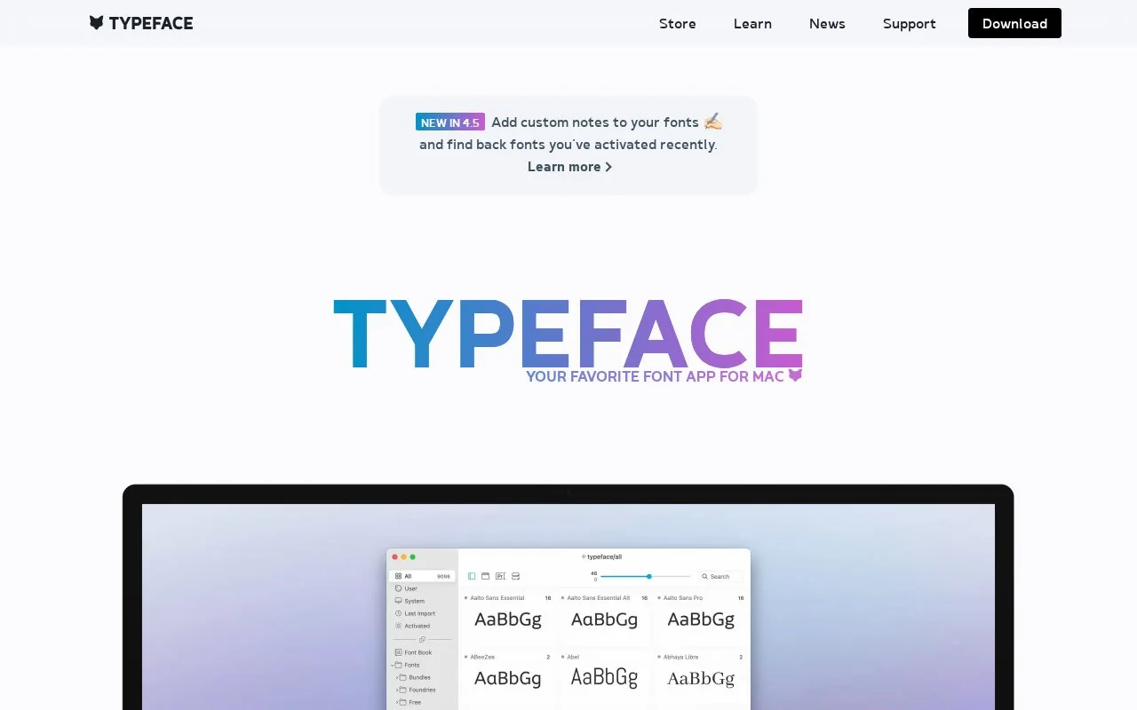 Screenshot of the Typeface homepage