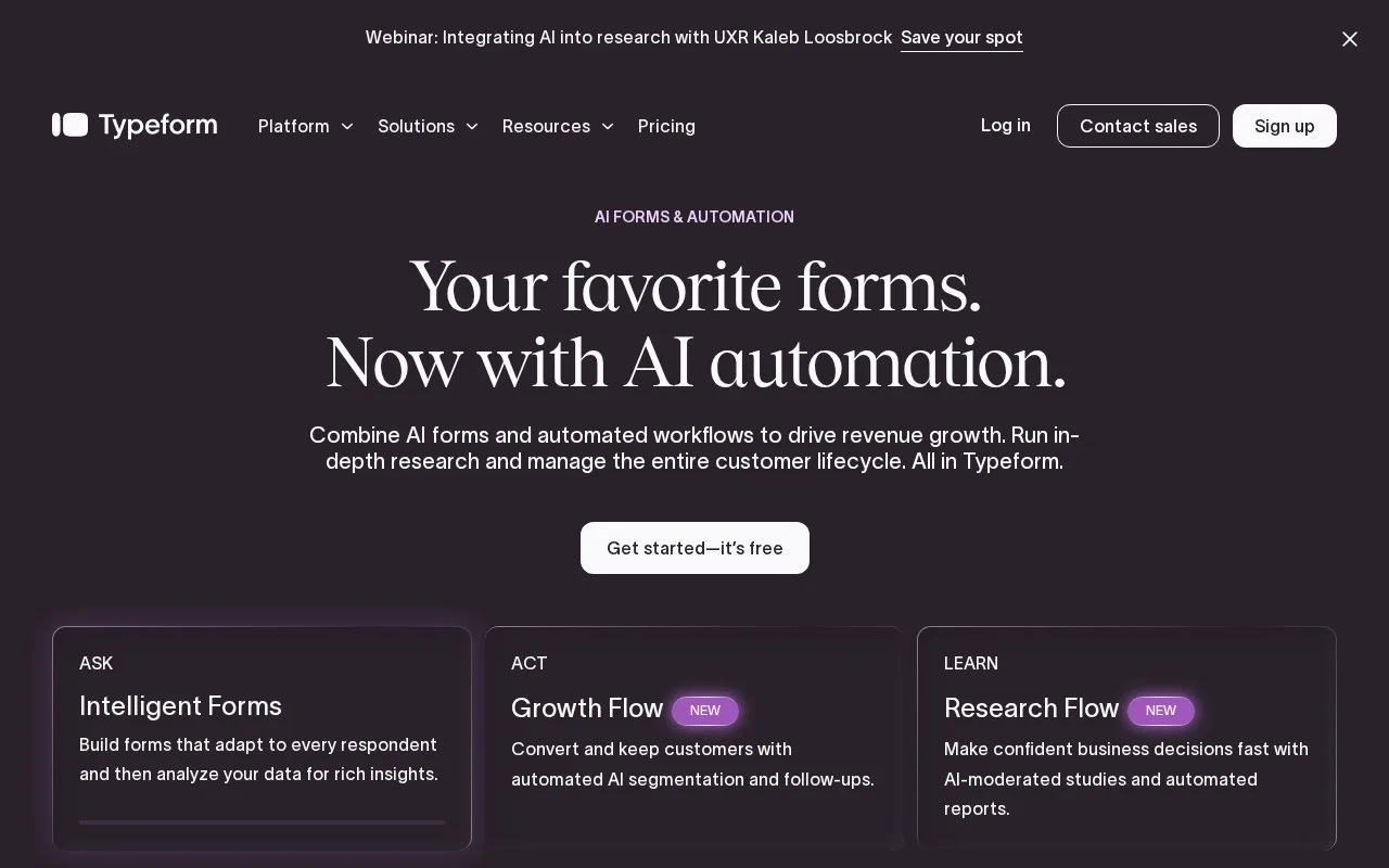 Screenshot of the Typeform homepage
