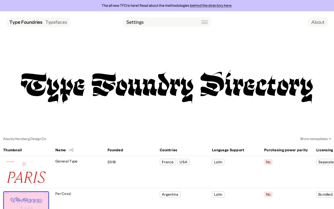 Screenshot of the Type Foundry Directory homepage