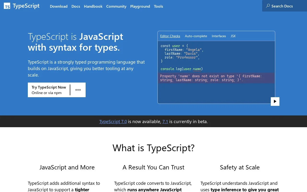 Screenshot of the TypeScript homepage