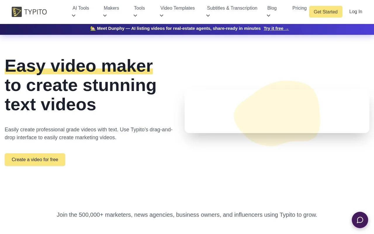 Screenshot of the Typito homepage