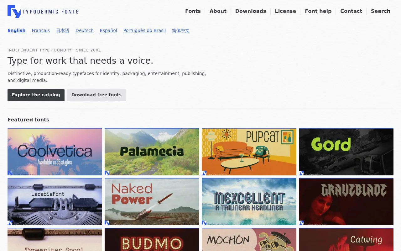 Screenshot of the Typodermic Fonts homepage