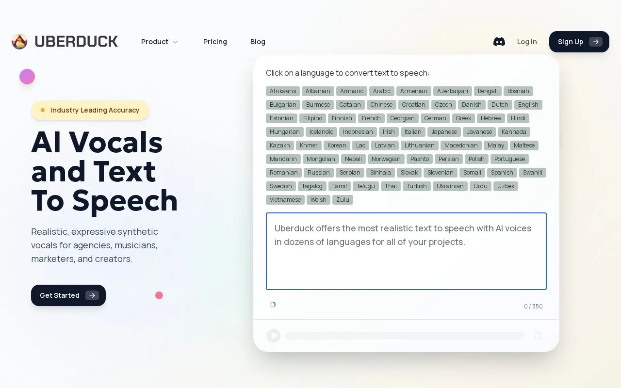 Screenshot of the Uberduck homepage