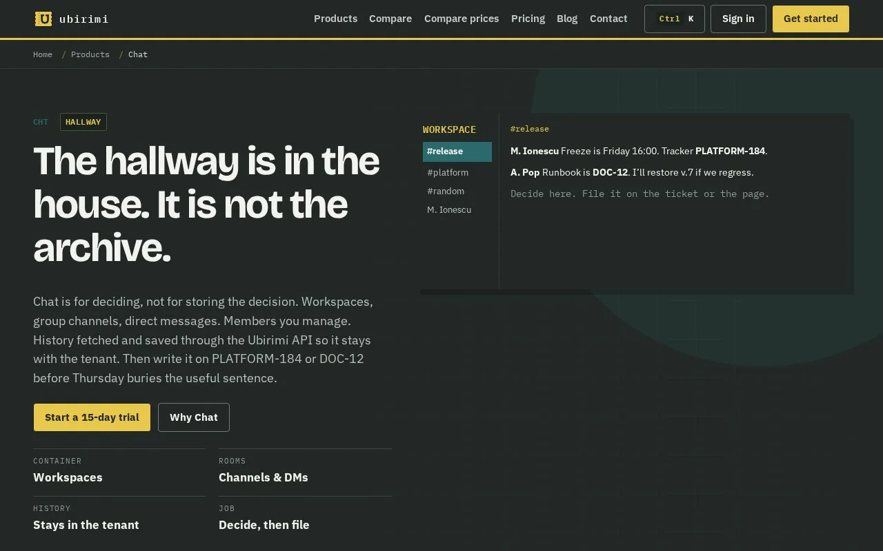 Screenshot of the Ubirimi Chat homepage