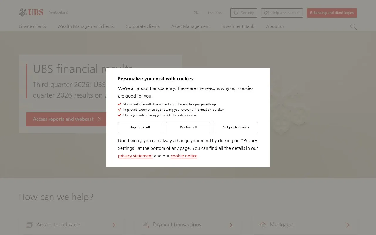 Screenshot of the UBS homepage
