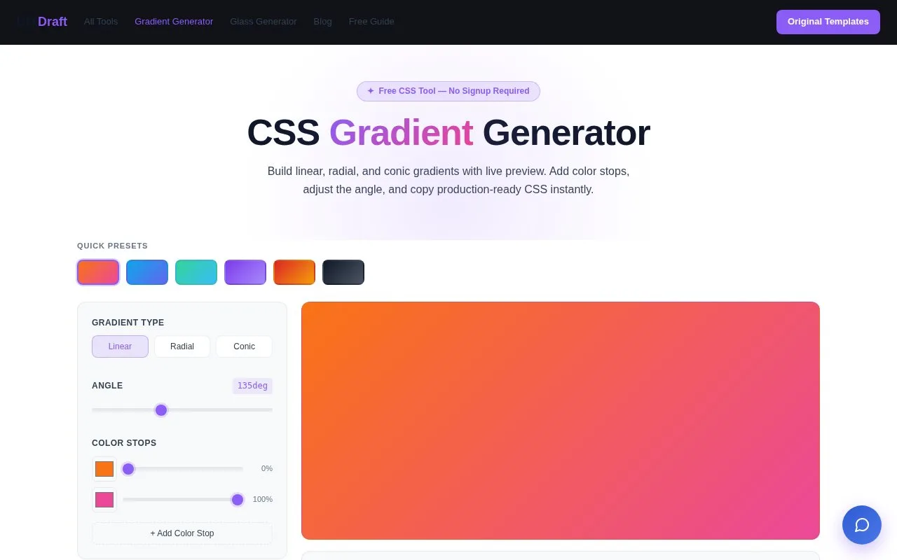 Screenshot of the UIX Draft Gradient Generator homepage