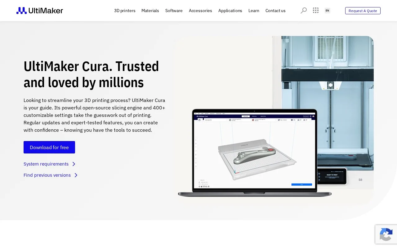 Screenshot of the UltiMaker Cura homepage