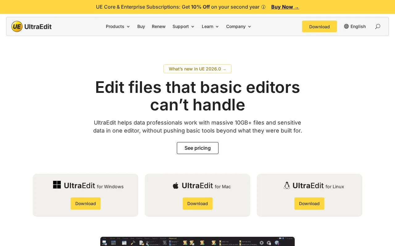 Screenshot of the UltraEdit homepage