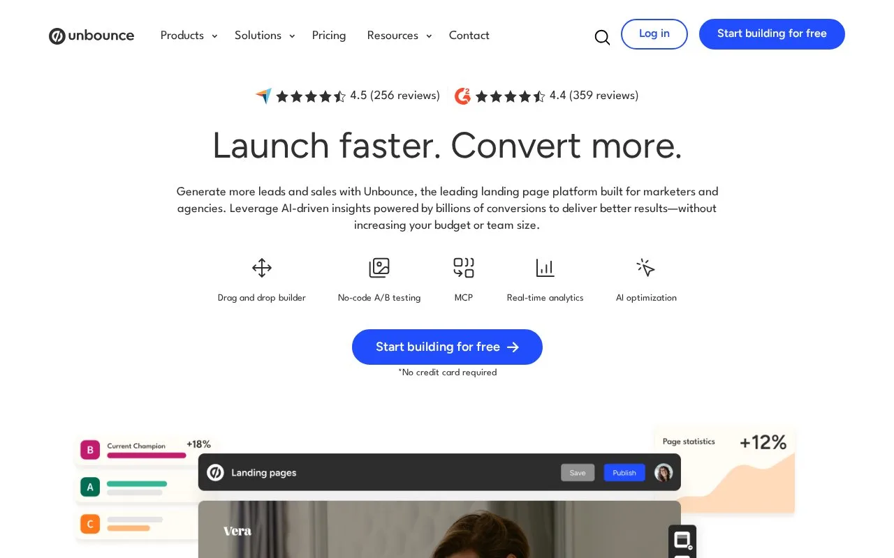 Screenshot of the Unbounce homepage