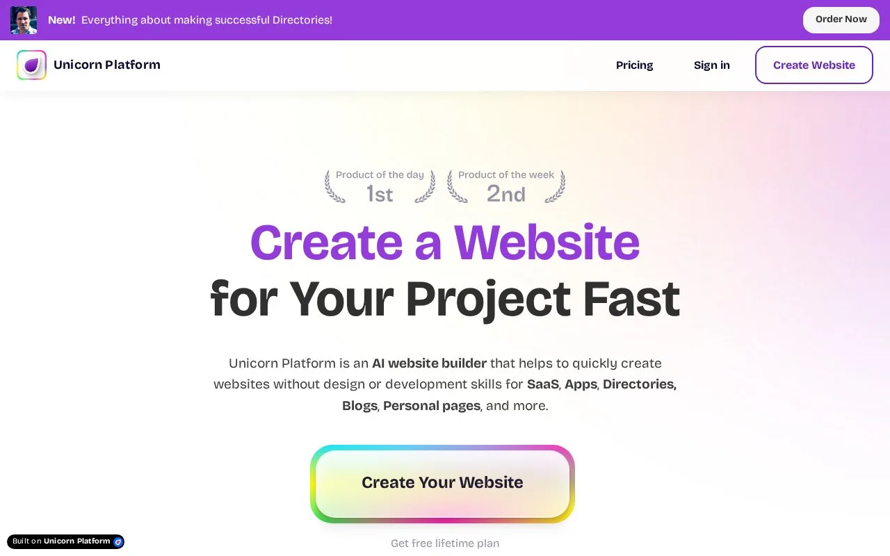 Screenshot of the Unicorn Platform homepage
