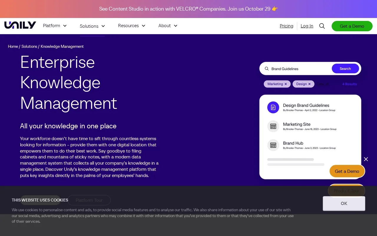 Screenshot of the Unily homepage