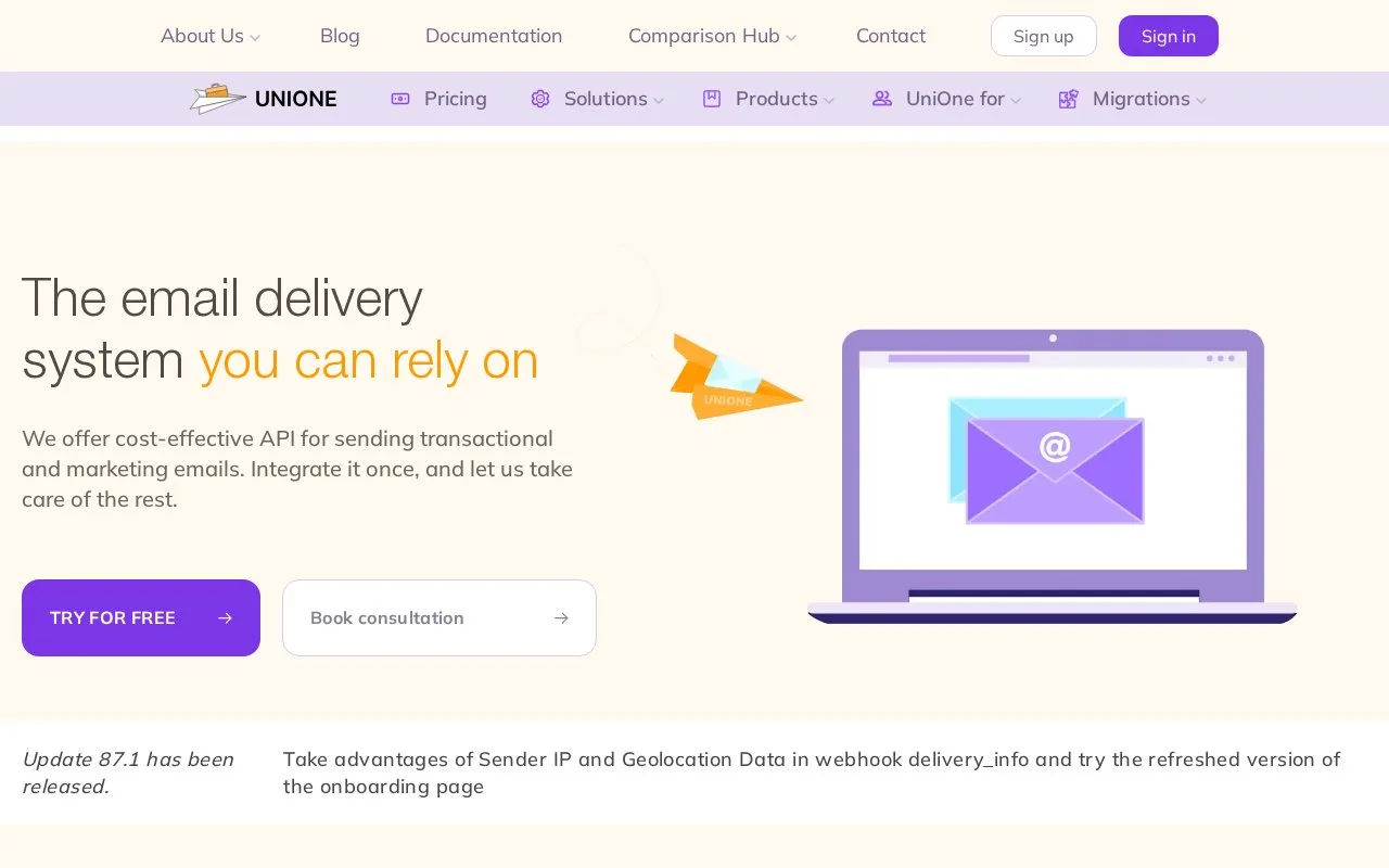 Screenshot of the UniOne homepage