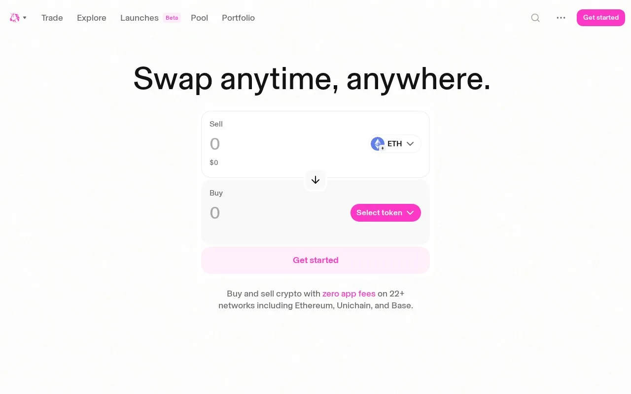 Screenshot of the Uniswap homepage