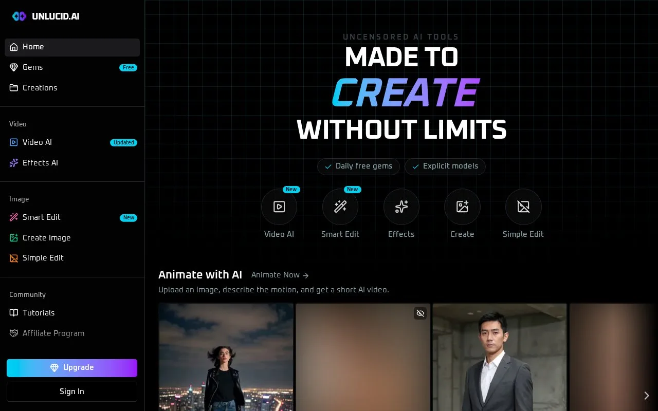 Screenshot of the Unlucid AI homepage