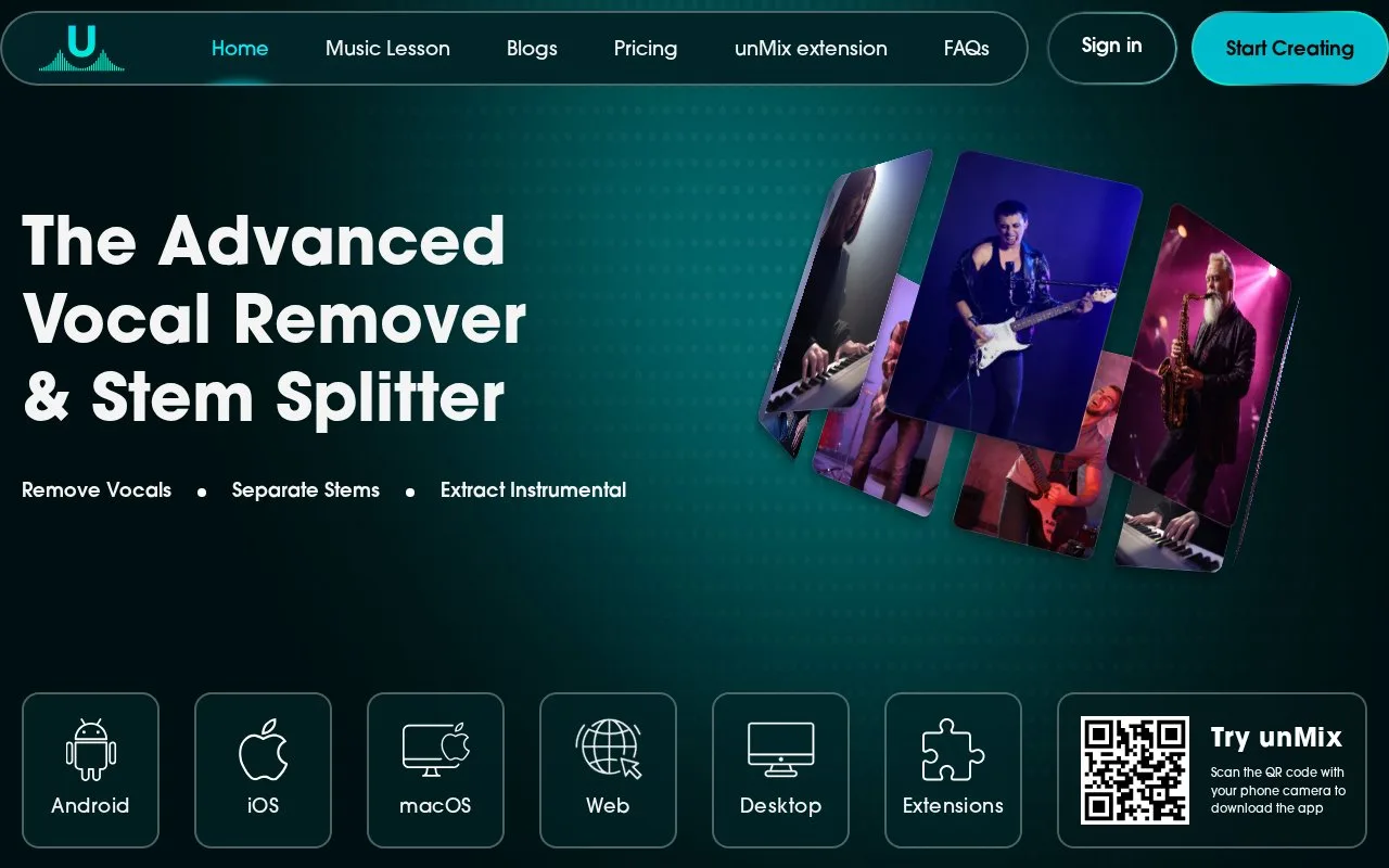 Screenshot of the unMix homepage