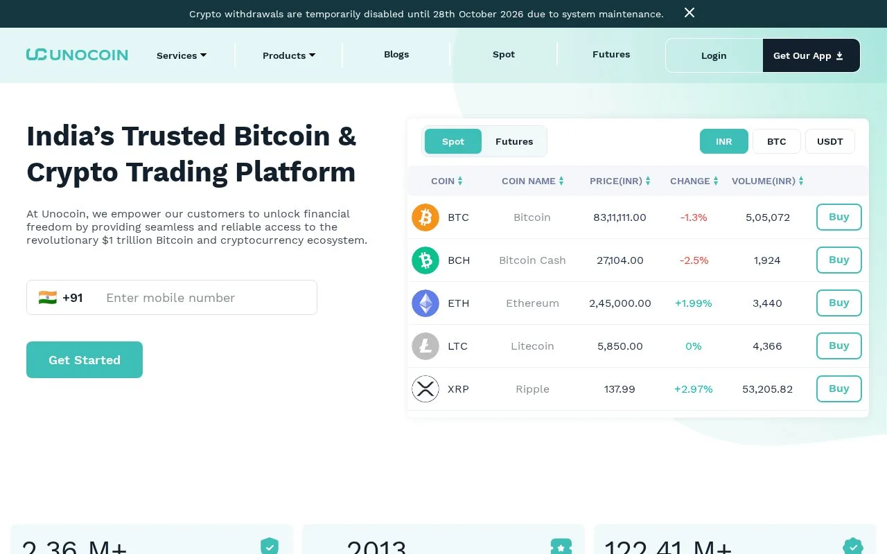 Screenshot of the Unocoin homepage