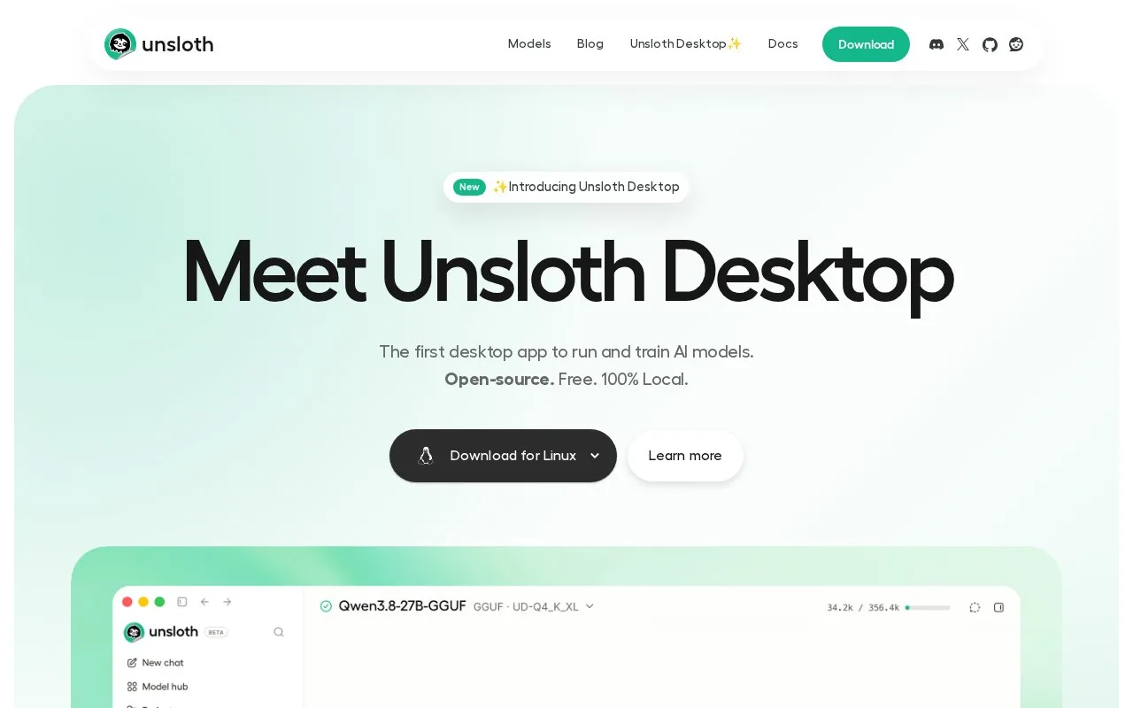Screenshot of the Unsloth homepage