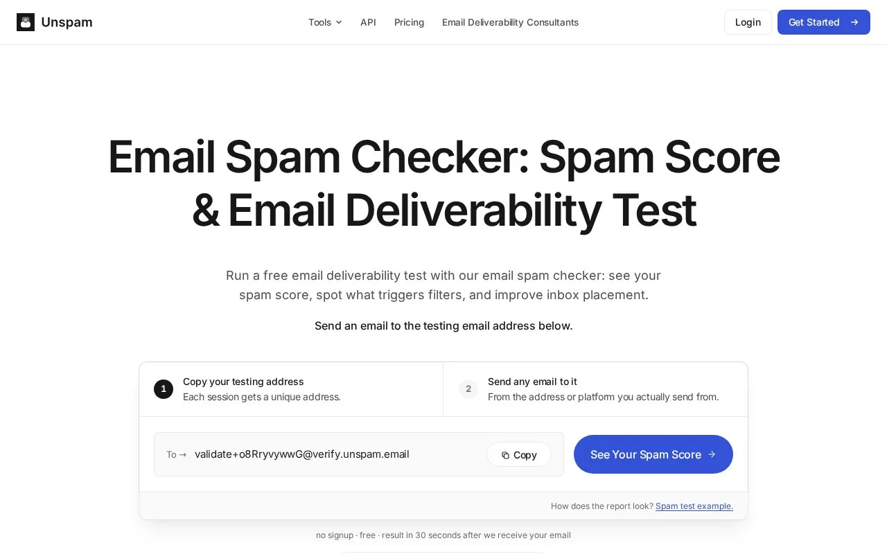 Screenshot of the Unspam.email homepage