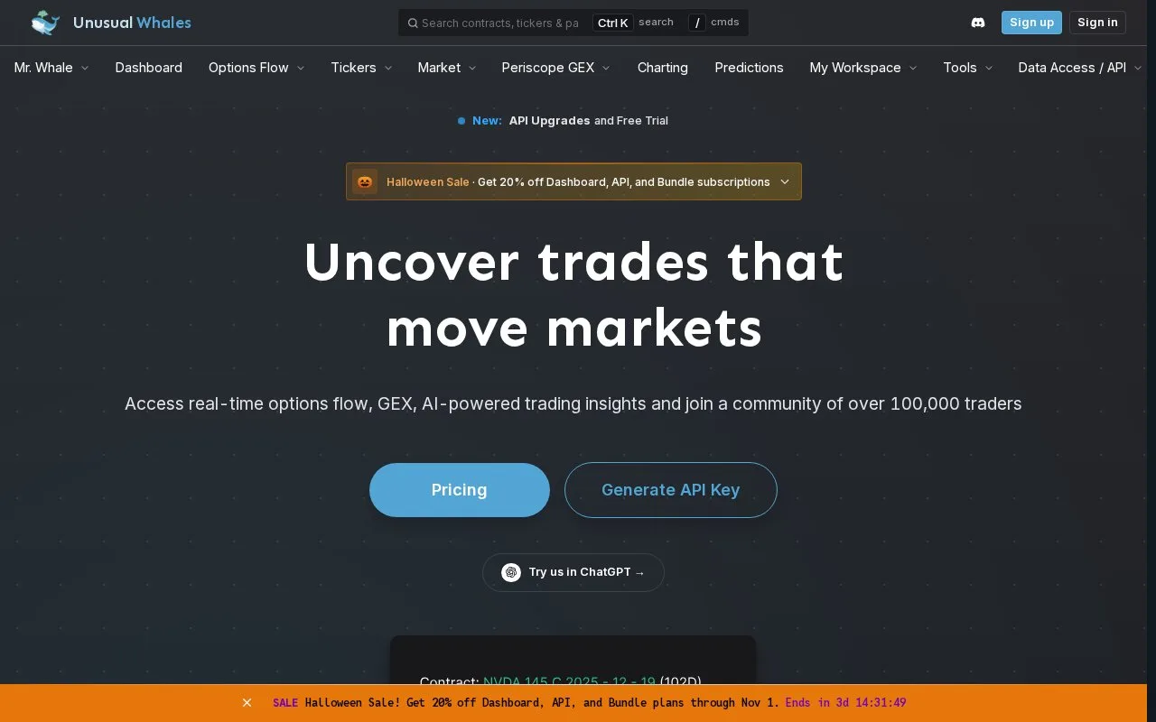 Screenshot of the Unusual Whales homepage
