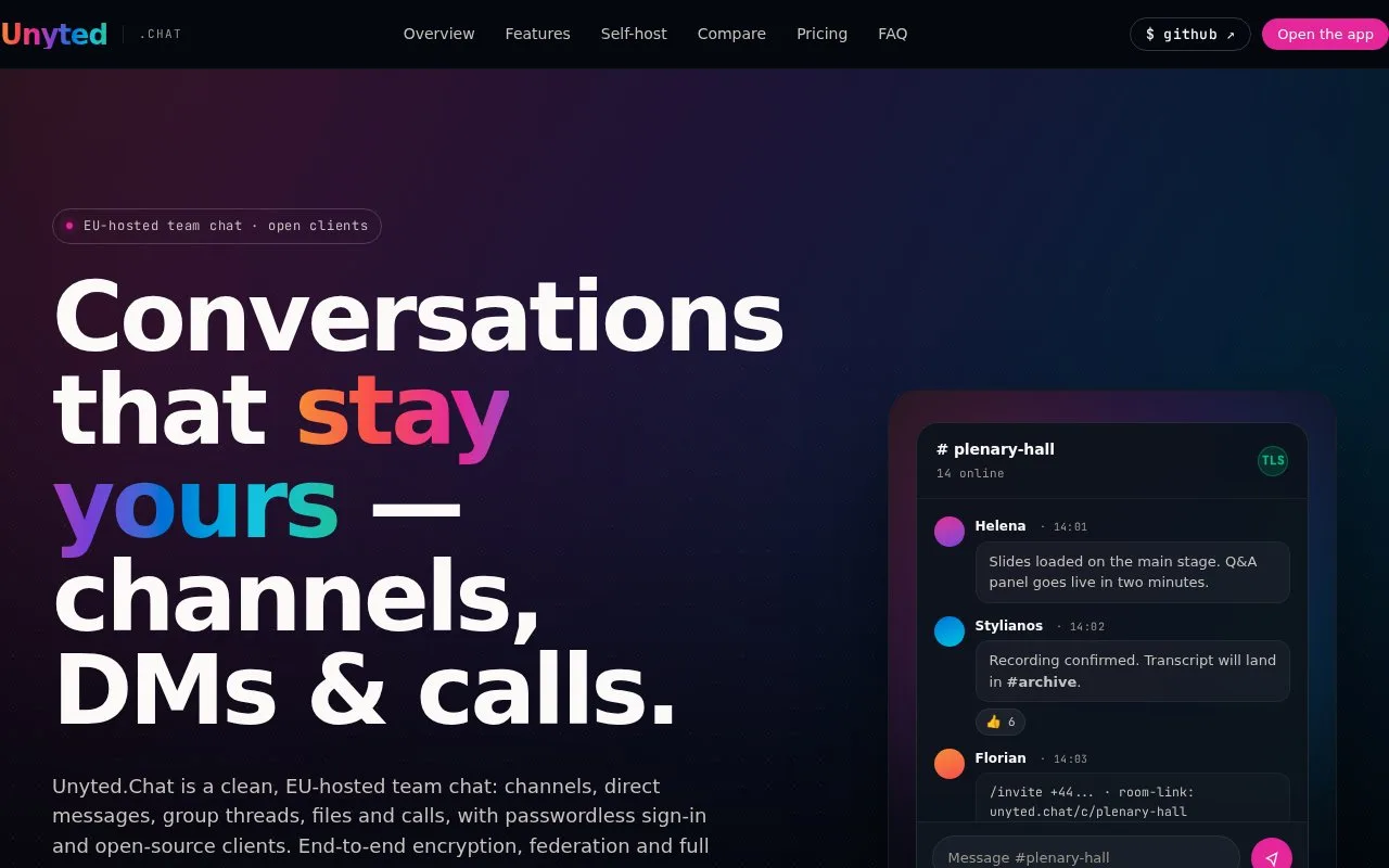 Screenshot of the Unyted.Chat homepage