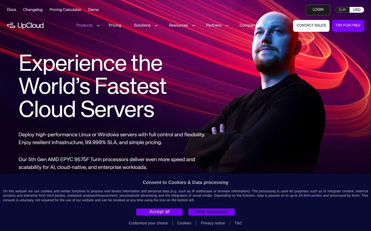 Screenshot of the UpCloud Cloud Servers homepage