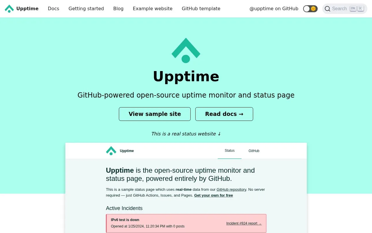 Screenshot of the Upptime homepage