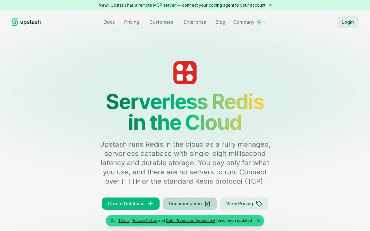 Screenshot of the Upstash Redis homepage