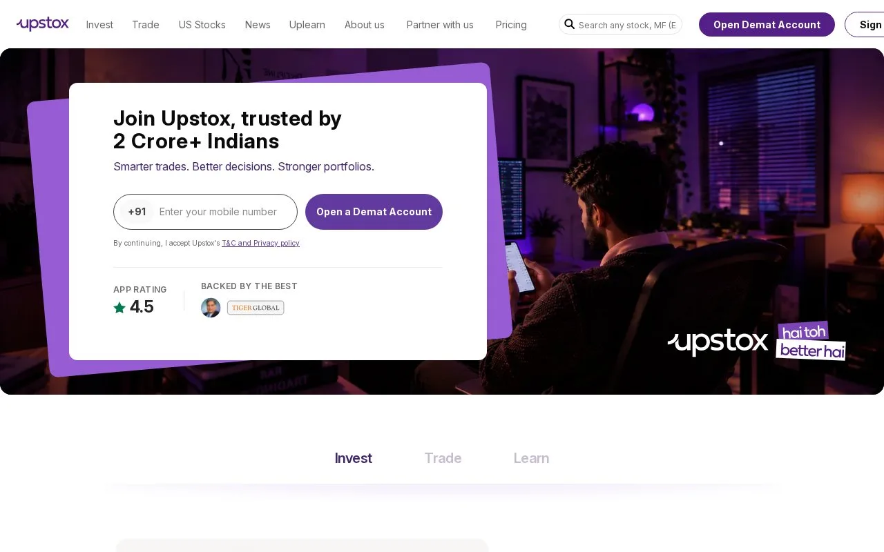 Screenshot of the Upstox homepage
