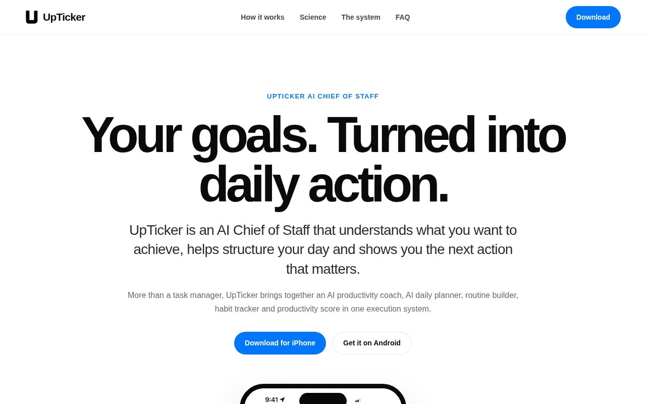 Screenshot of the UpTicker homepage