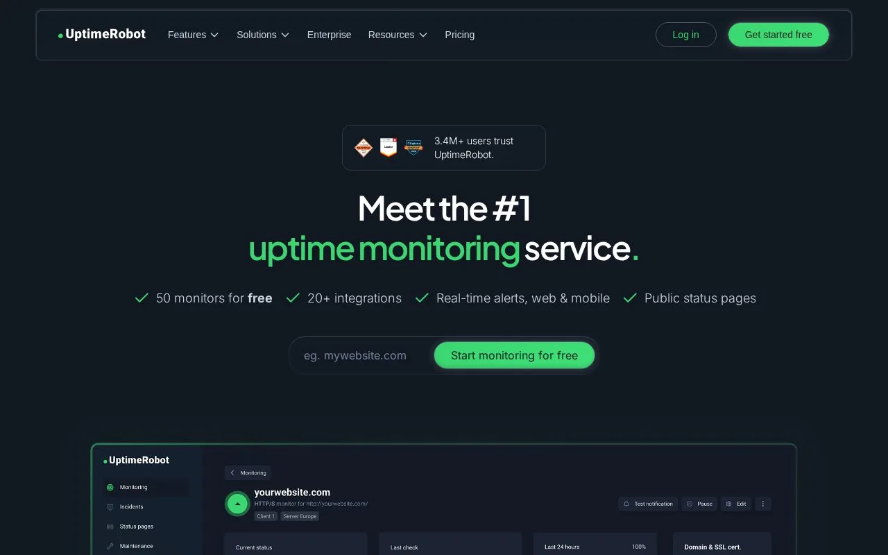 Screenshot of the UptimeRobot homepage