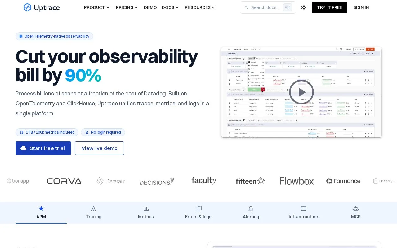 Screenshot of the Uptrace homepage
