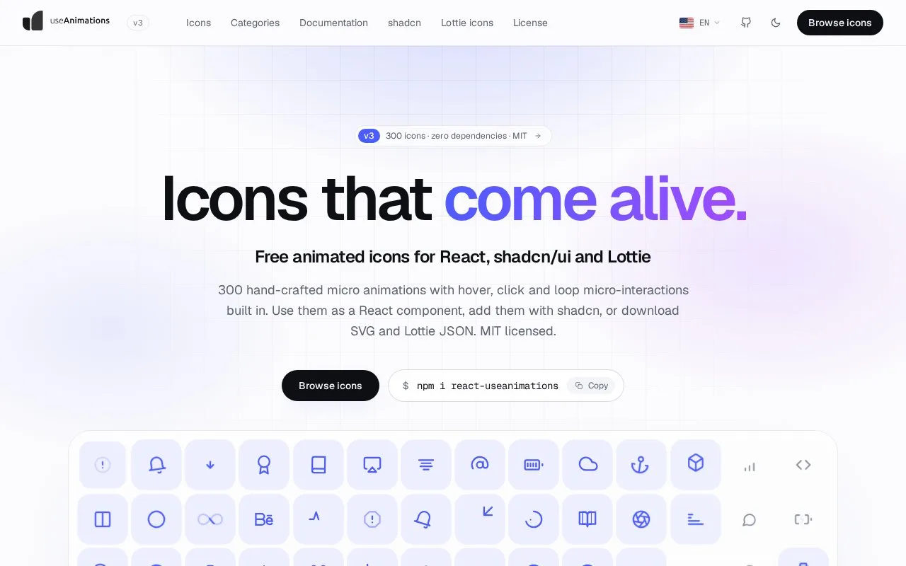 Screenshot of the useAnimations homepage