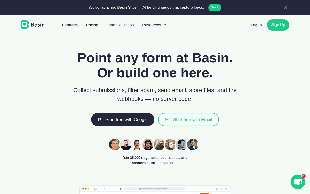 Screenshot of the Basin homepage