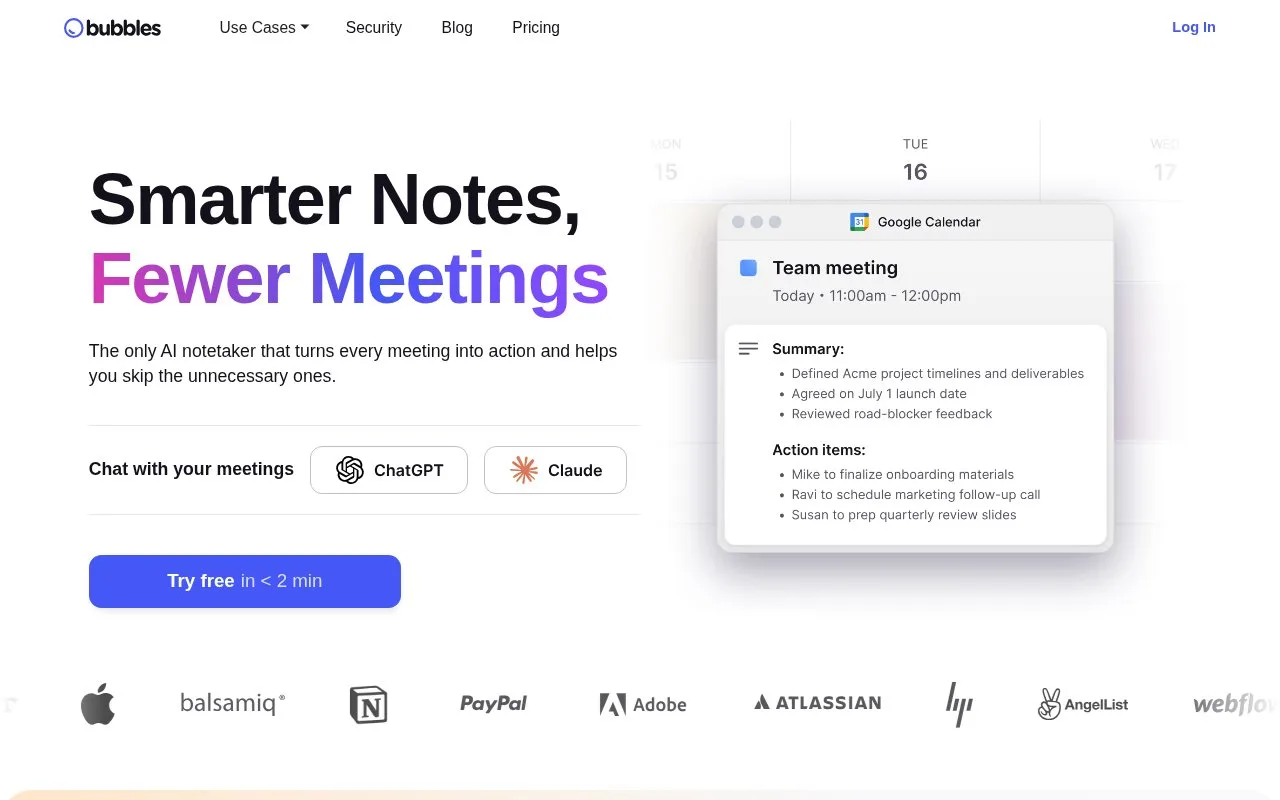 Screenshot of the Bubbles homepage