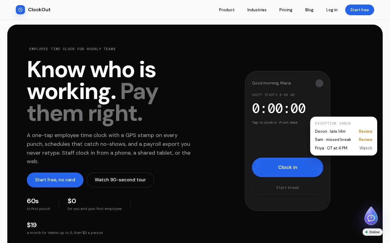 Screenshot of the ClockOut homepage