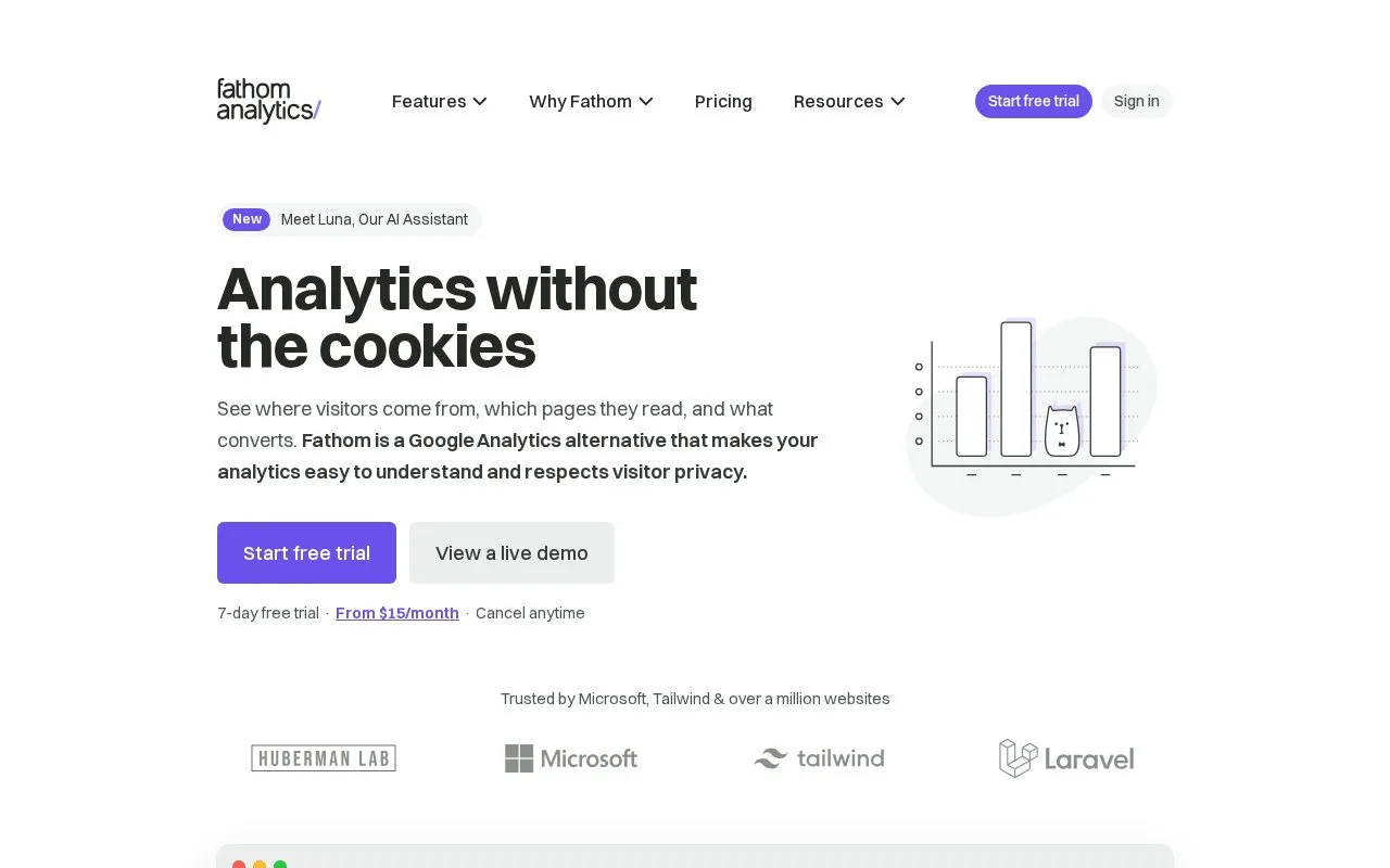 Screenshot of the Fathom Analytics homepage