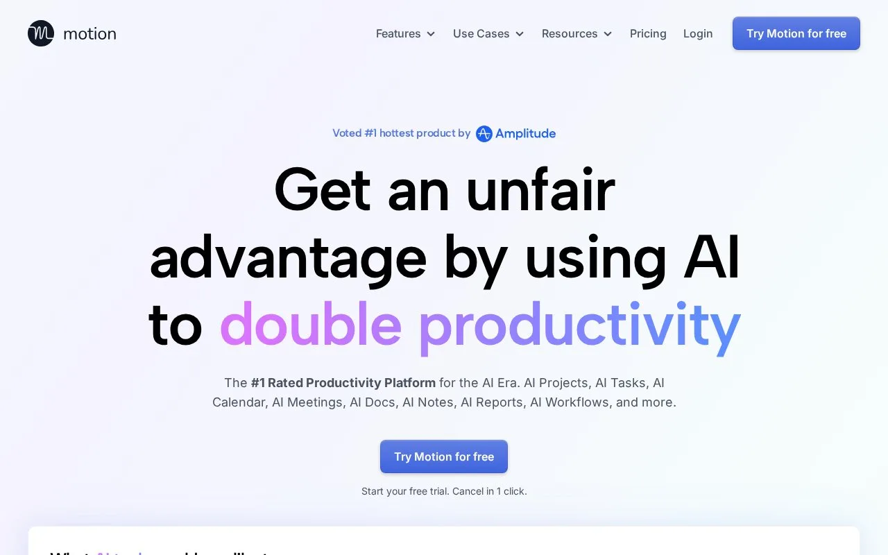 Screenshot of the Motion homepage