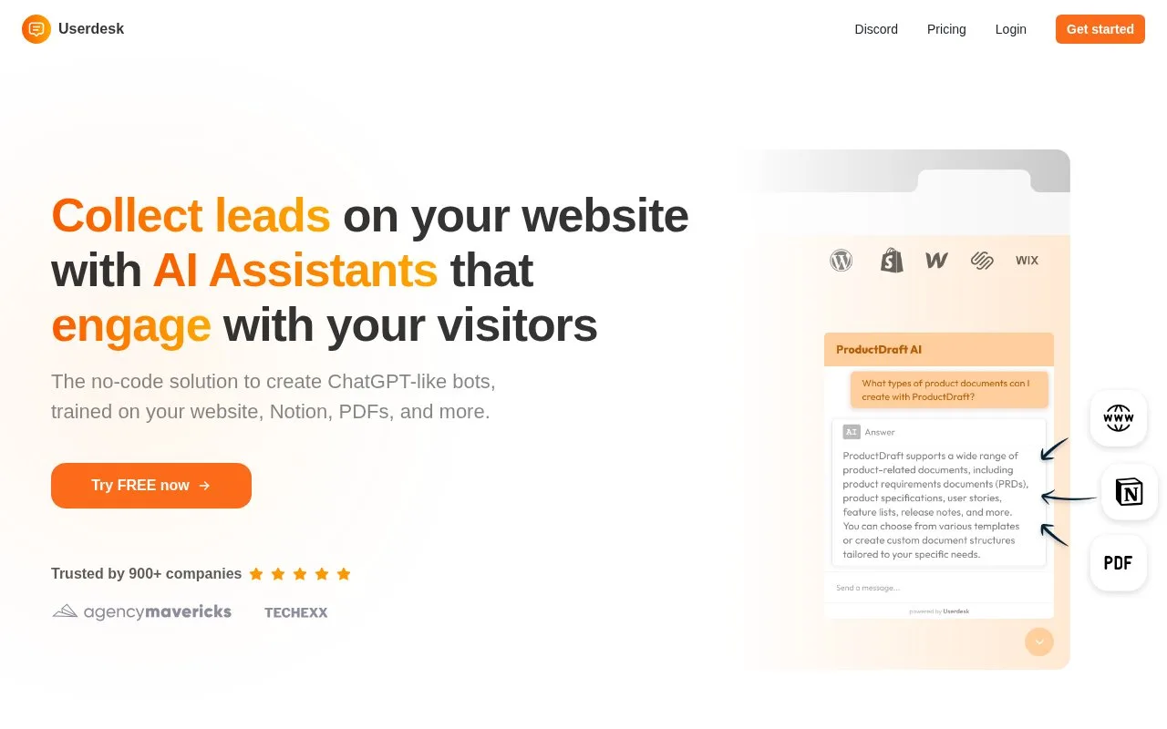 Screenshot of the Userdesk homepage