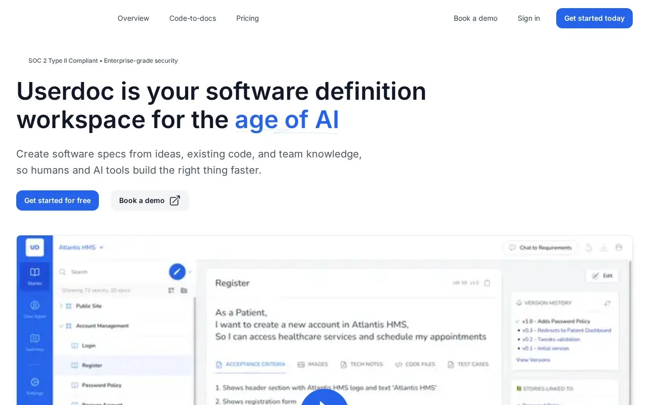 Screenshot of the Userdoc homepage