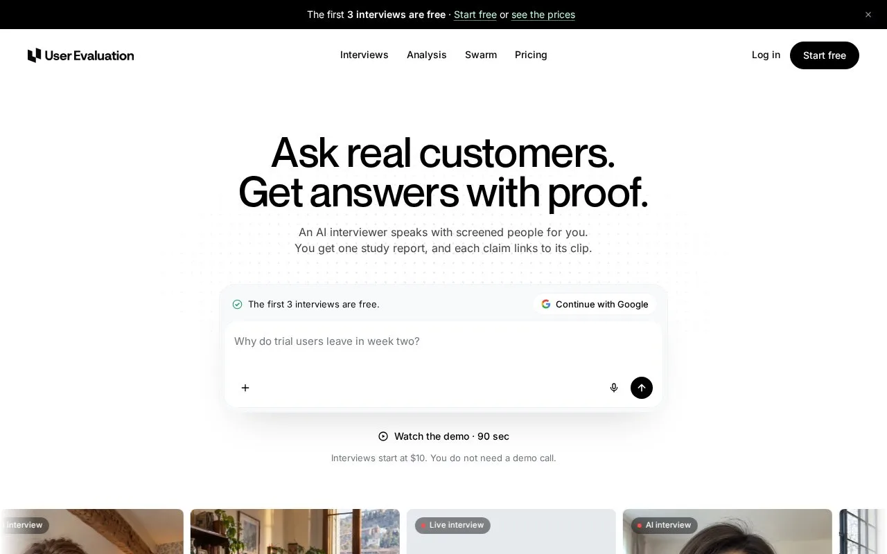 Screenshot of the User Evaluation homepage