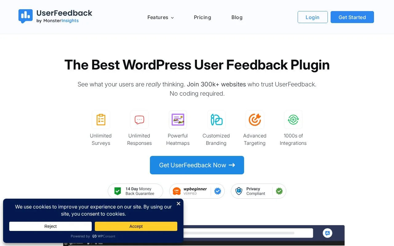 Screenshot of the UserFeedback homepage