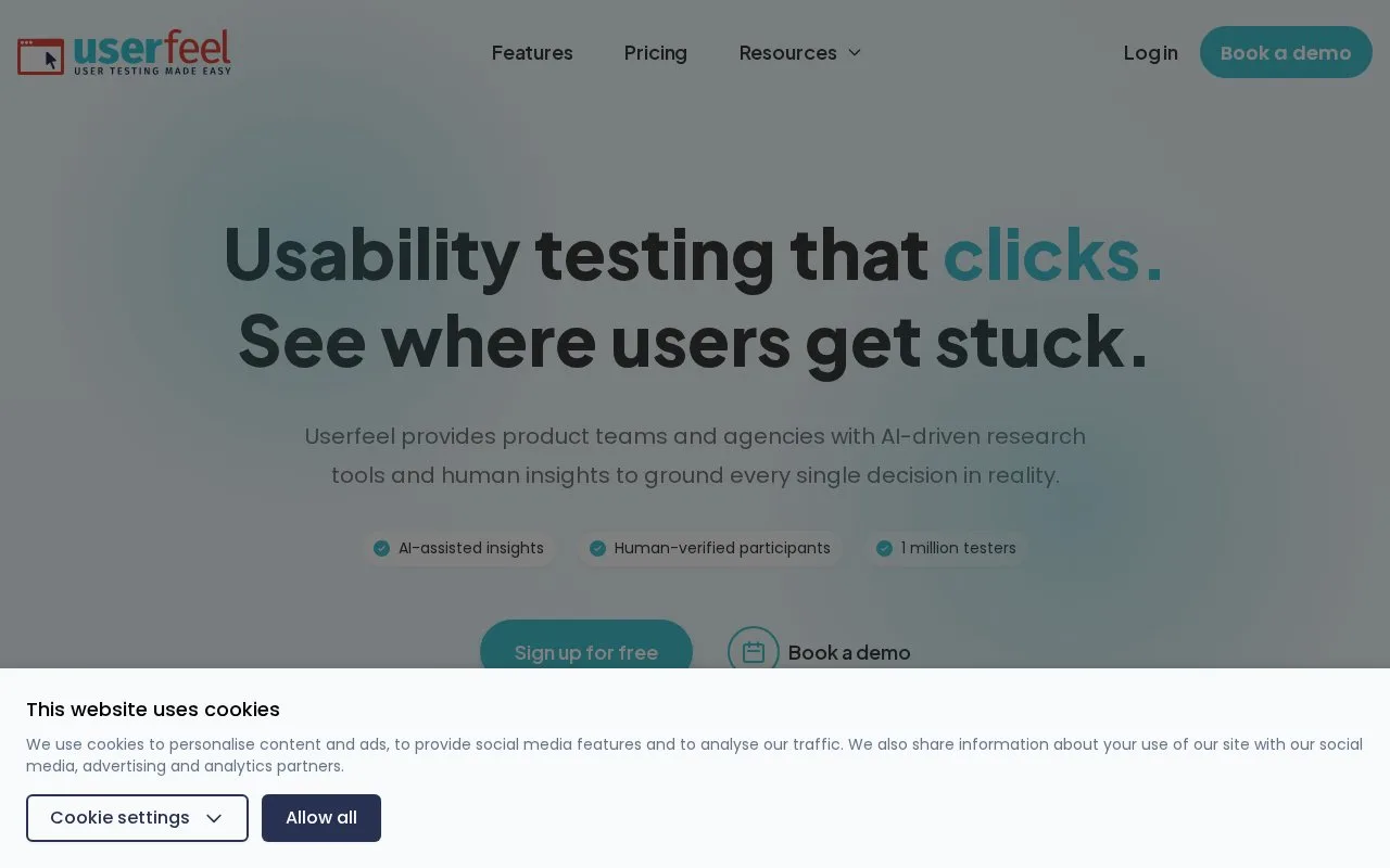 Screenshot of the Userfeel homepage
